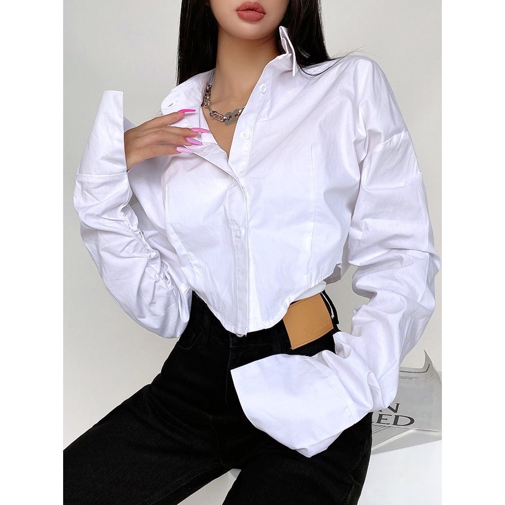 Women's Design Sense Niche Lapel Long Sleeve Short Cinched Blouse