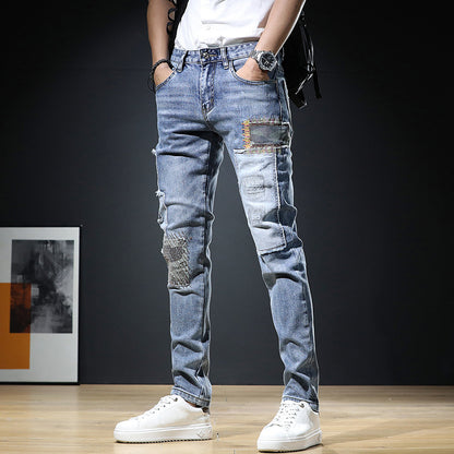 Autumn Light Denim Men's Slim Fit Ripped Leisure Trousers