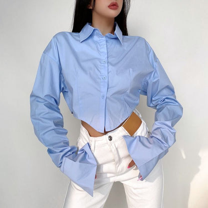 Women's Design Sense Niche Lapel Long Sleeve Short Cinched Blouse