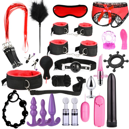 BDSM Bondage 15/17/26pcs Adult Game Prop Bullet Vibrator Butt Plug Gspot massage Handcuff Whip Mouth Gag Anal Bead Restraint Kit