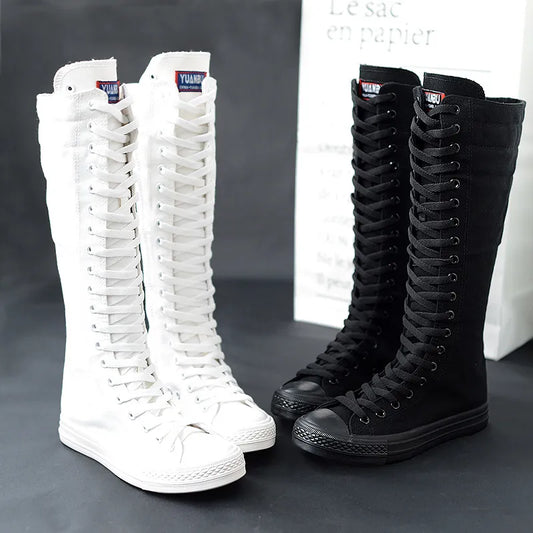 Spring Autumn Women Shoes Canvas Casual High Top Shoes Long Boots Lace-Up Zipper Comfortable Flat Boots Sneakers 2020 New