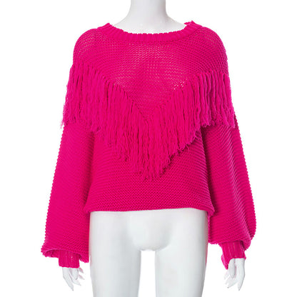 Fashion Loose-fitting Long Sleeves Tassel Knitted Top