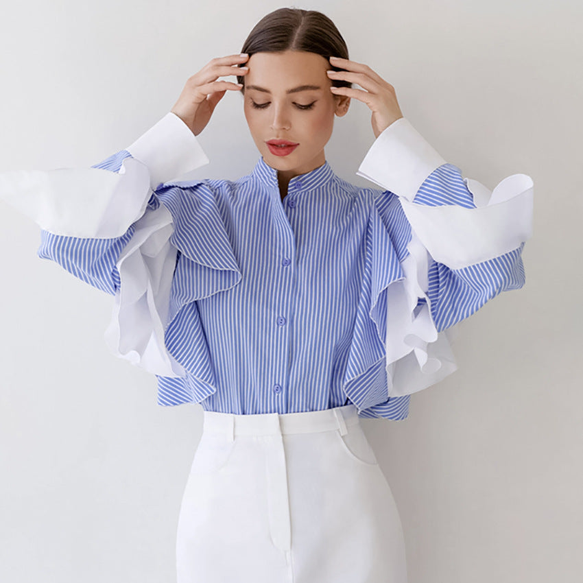 Women's Fashionable All-match Elegant French Striped Ruffled Shirt