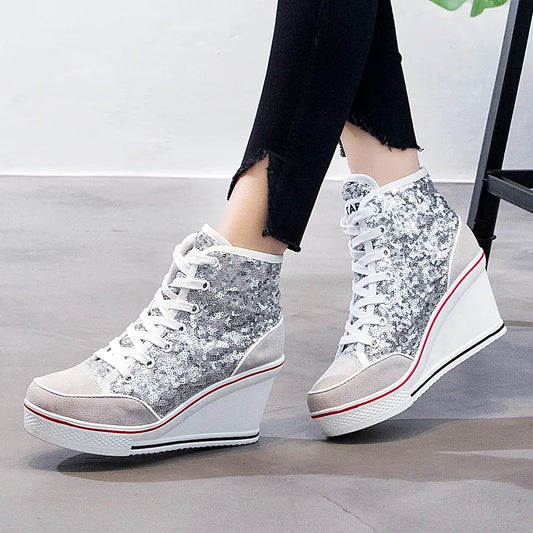 Women Shoes Pink Black Silver Glitter Vulcanize  Woman Platform Wedge Sneakers