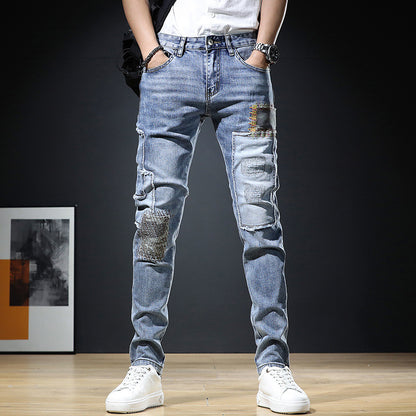 Autumn Light Denim Men's Slim Fit Ripped Leisure Trousers