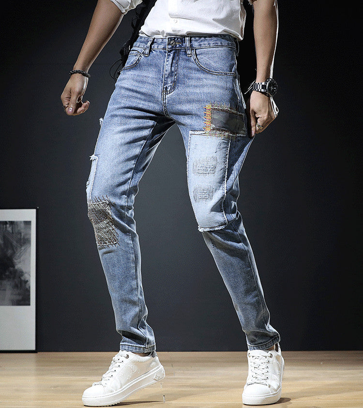 Autumn Light Denim Men's Slim Fit Ripped Leisure Trousers