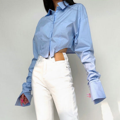 Women's Design Sense Niche Lapel Long Sleeve Short Cinched Blouse