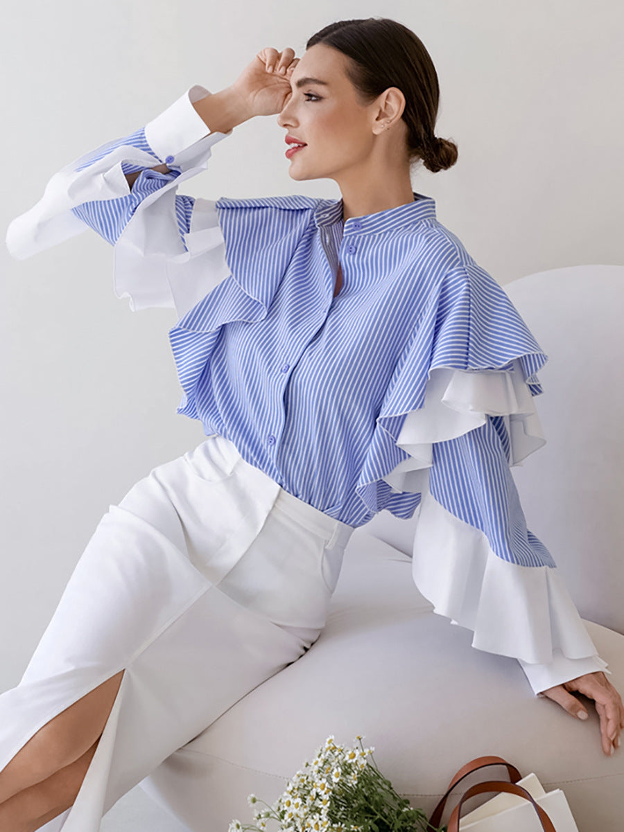 Women's Fashionable All-match Elegant French Striped Ruffled Shirt