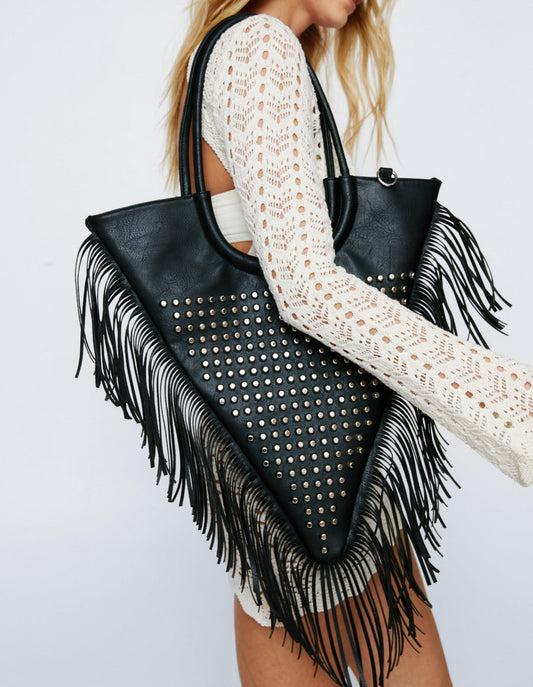 Faux Leather Studded Fringe Day Bag