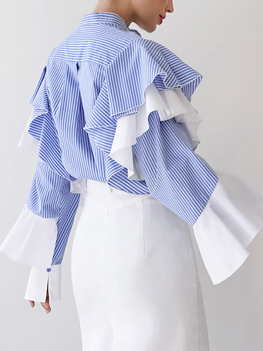 Women's Fashionable All-match Elegant French Striped Ruffled Shirt